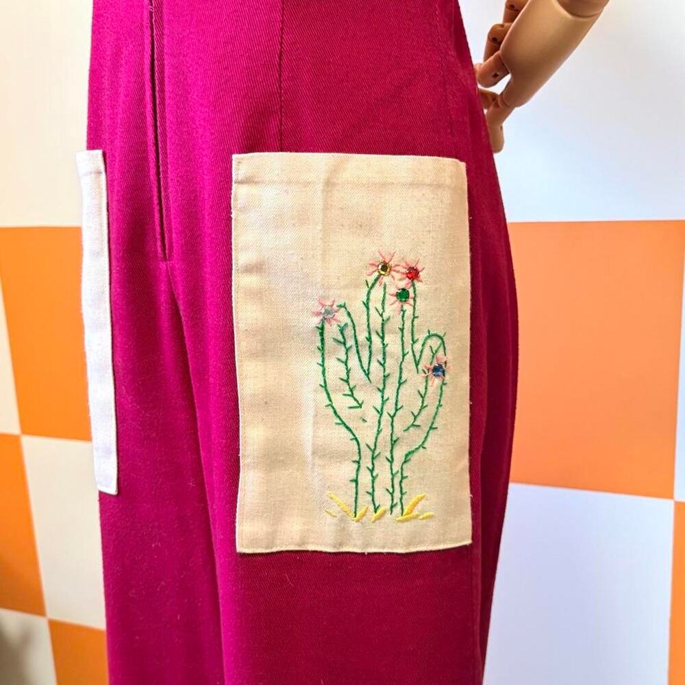 70s Vintage Maroon Beige Southwestern Embroidered Wide Leg Jumpsuit - Picture 4 of 7
